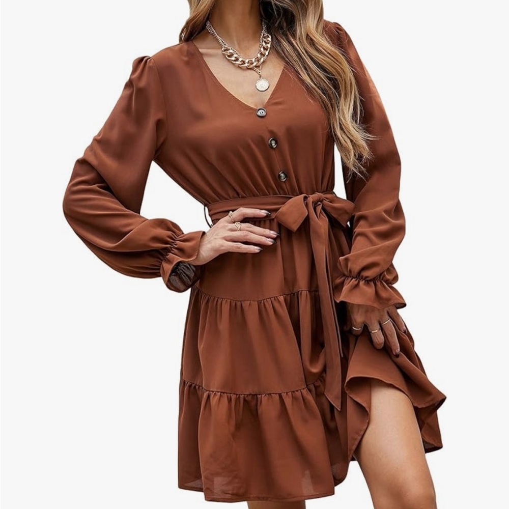 Elegant Brown V-Neck Dress